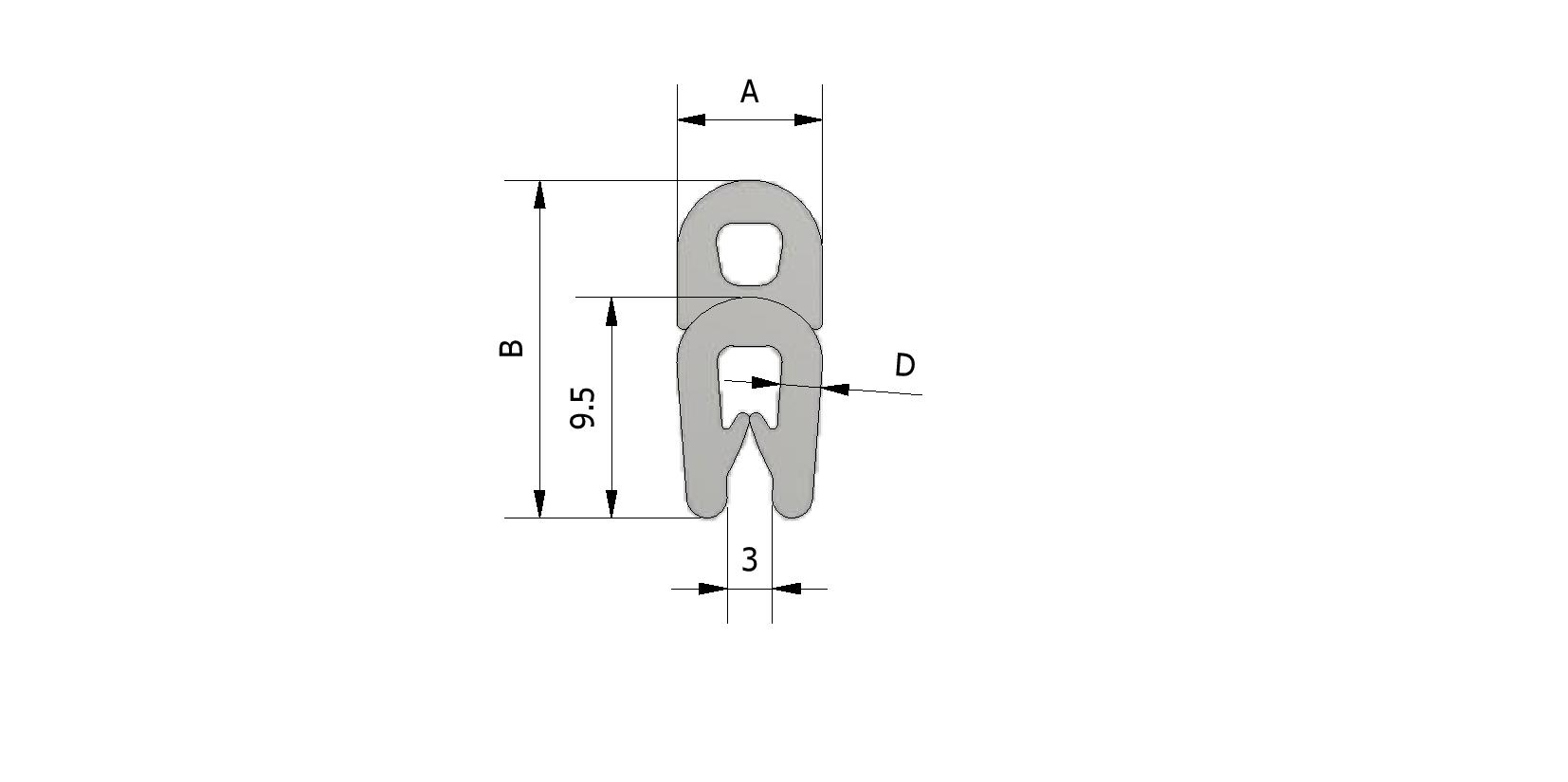 Technische Zeichnung von Klemmprofil mit Top Dichtung, Klemmbereich 1-2mm Mit Referenznummer 225325