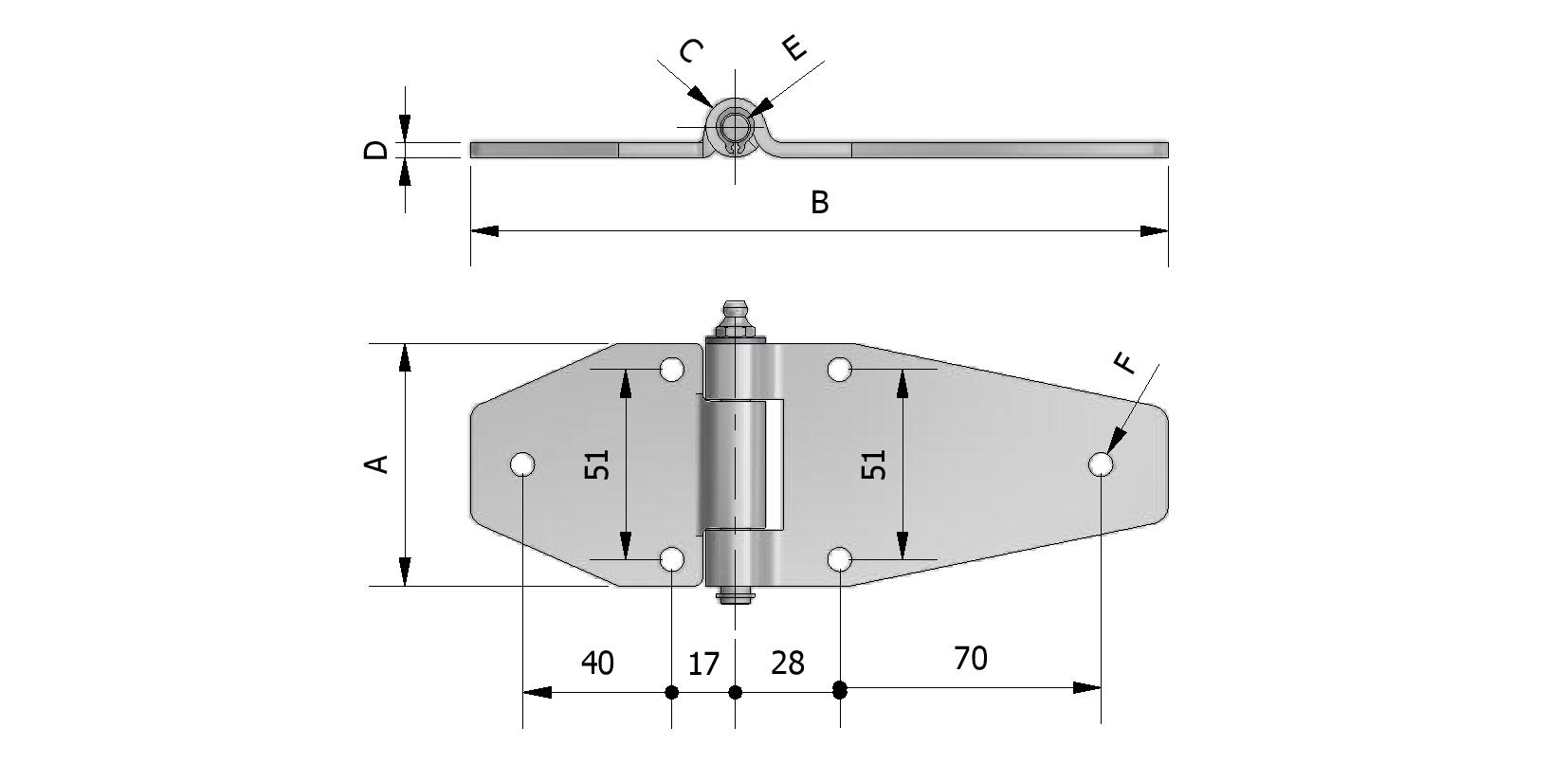 Technische Zeichnung von Schmetterling Scharnier mit Schmiernippel mit Löcher Mit Referenznummer 350370