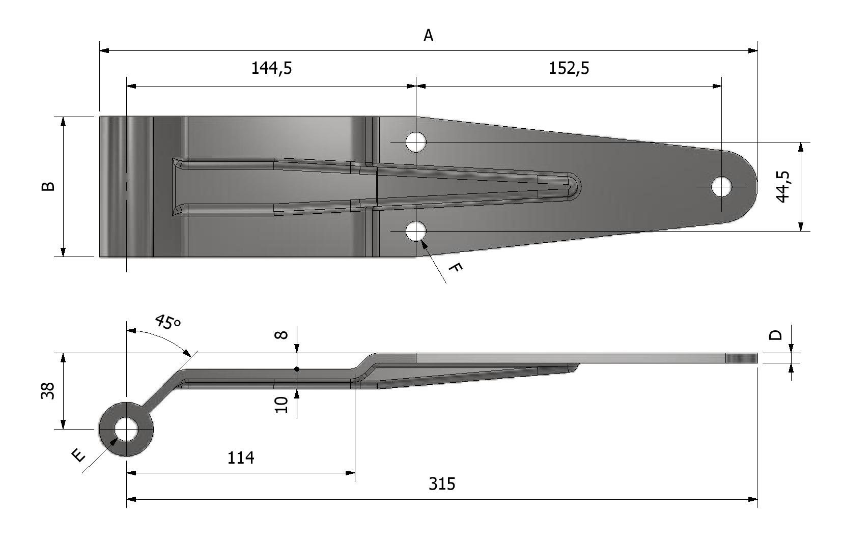 Technische Zeichnung von Stellbordscharnier, Dicke 5mm, 325x70mm Mit Referenznummer 325100