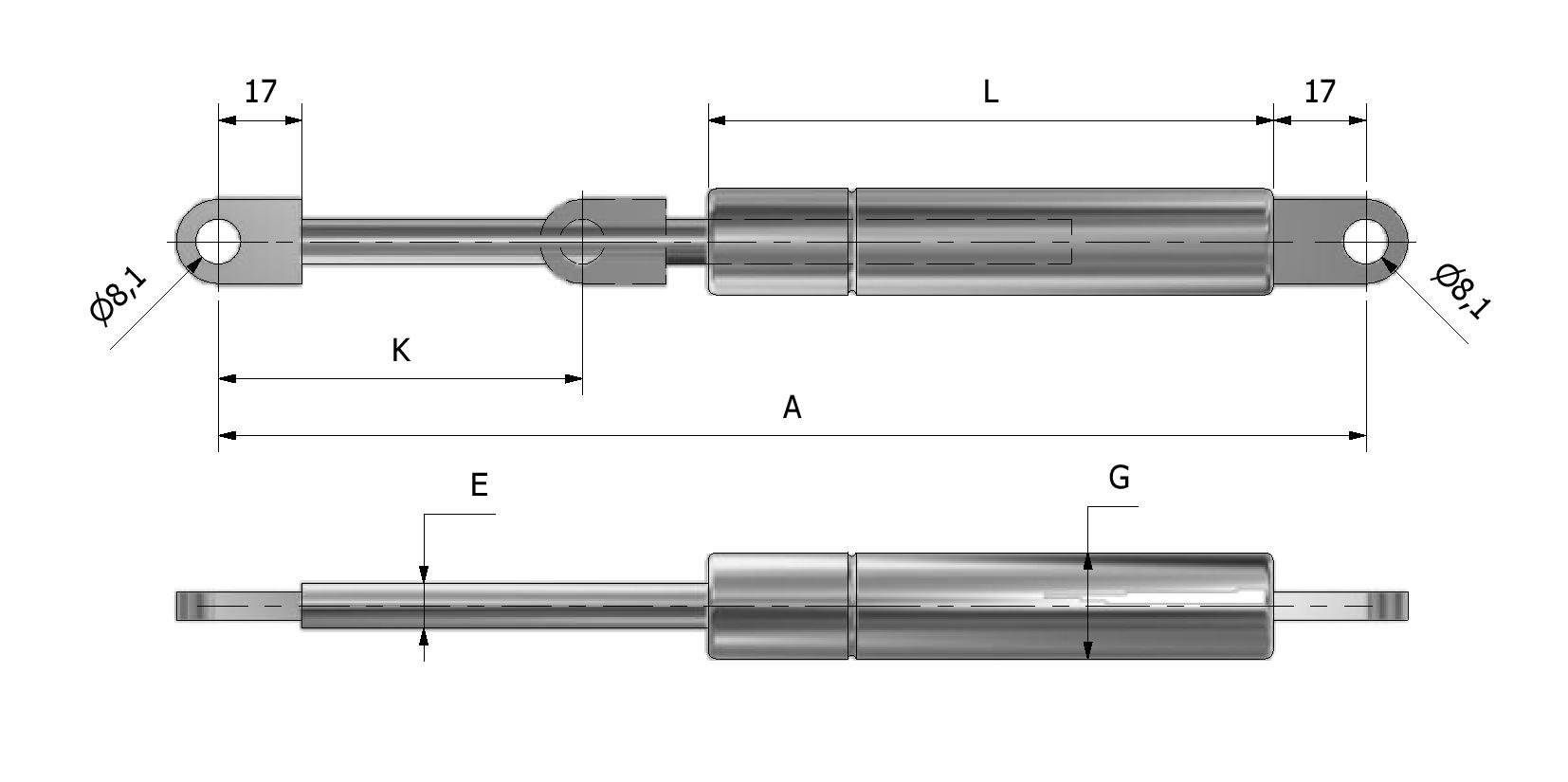 Technische Zeichnung von Gasfeder ø8 - ø19 - Auge 17/17 Mit Referenznummer 850105