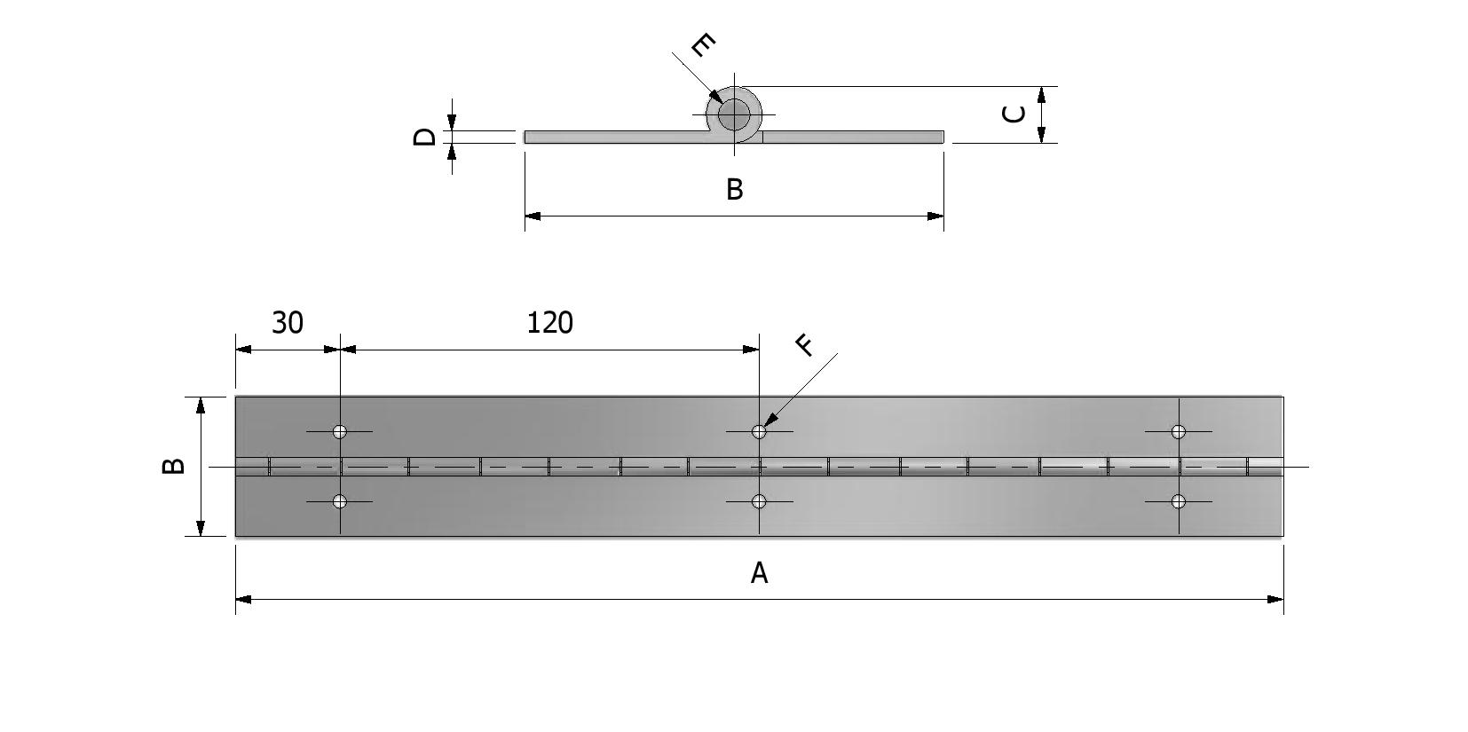 Dessin technique - Charnière longue en inox avec trous avec numéro de référence 320411