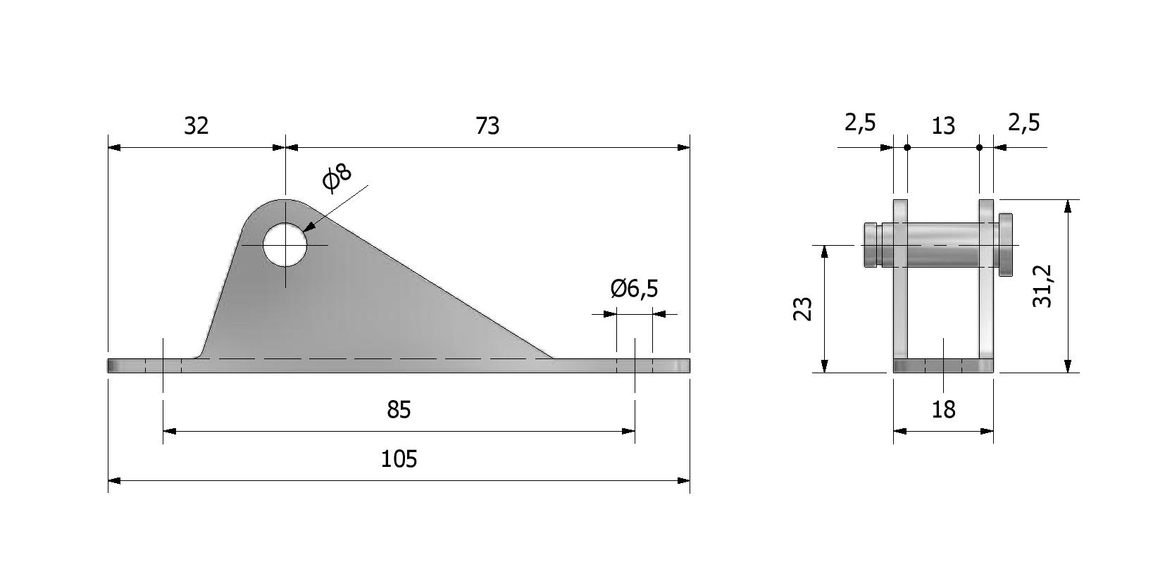 Technische tekening van Gasveerbevestiging, pen ø8, 105x18 met referentienummer 870045