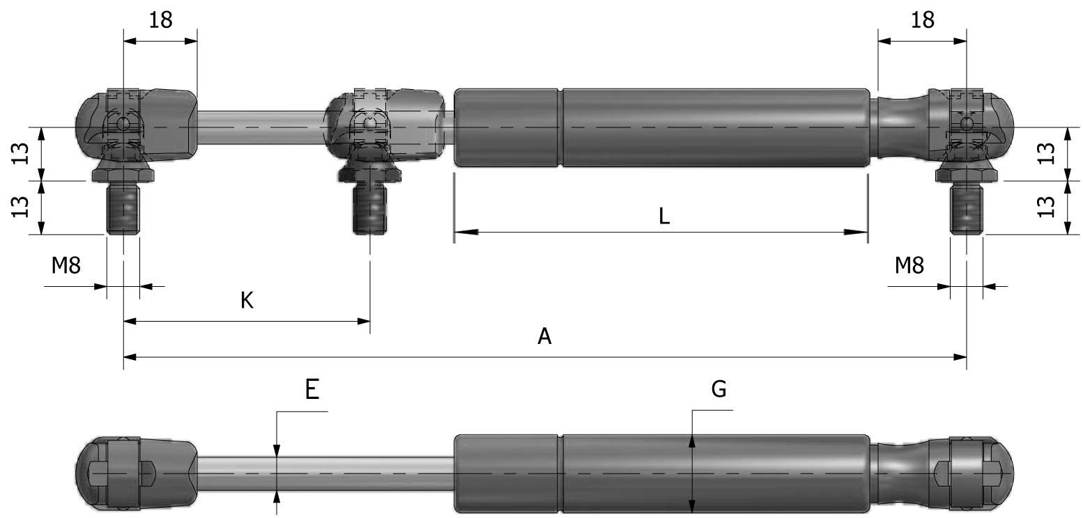 Technical image of Gas spring ø8 - ø19 - ball joint with reference number 809005