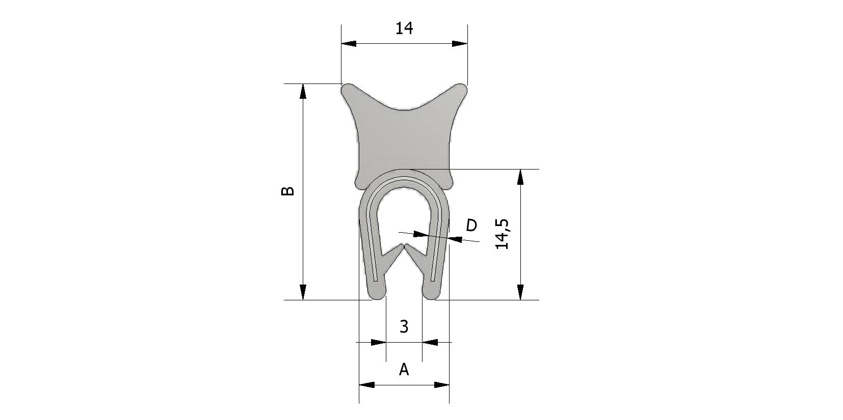 Technische Zeichnung von Klemmprofil mit Top Dichtung, Klemmbereich 1-4mm Mit Referenznummer 225340