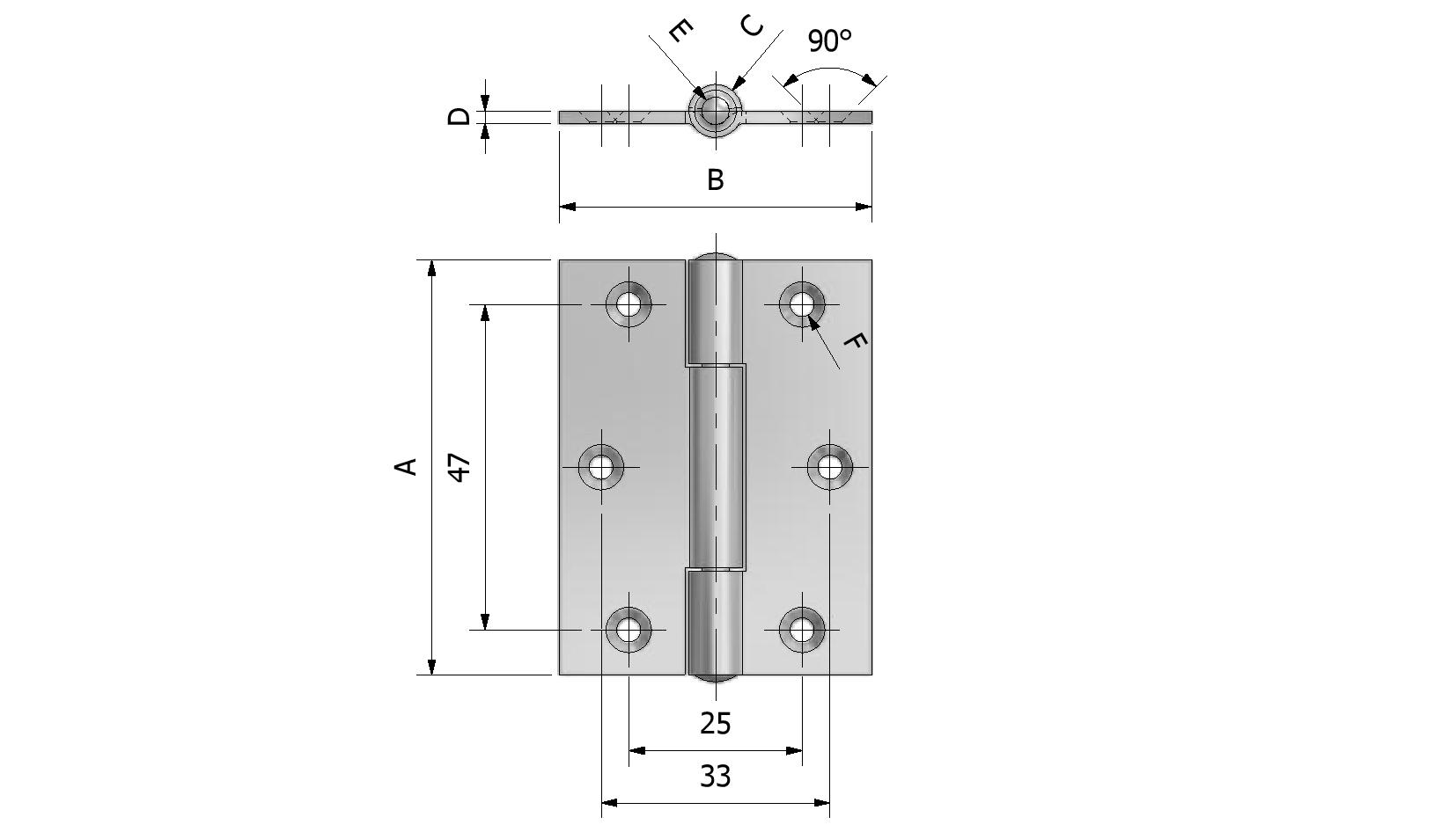 Technische Zeichnung von Gerollte Scharnier, Dicke 1,75mm, 60x45 Mit Referenznummer 350108