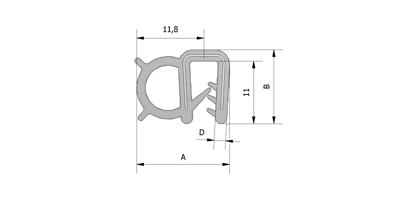 Dessin technique - Profil d'étanchéité latérale, portée d'éteindre 1-4mm, hauteur 13 mm avec numéro de référence 225380