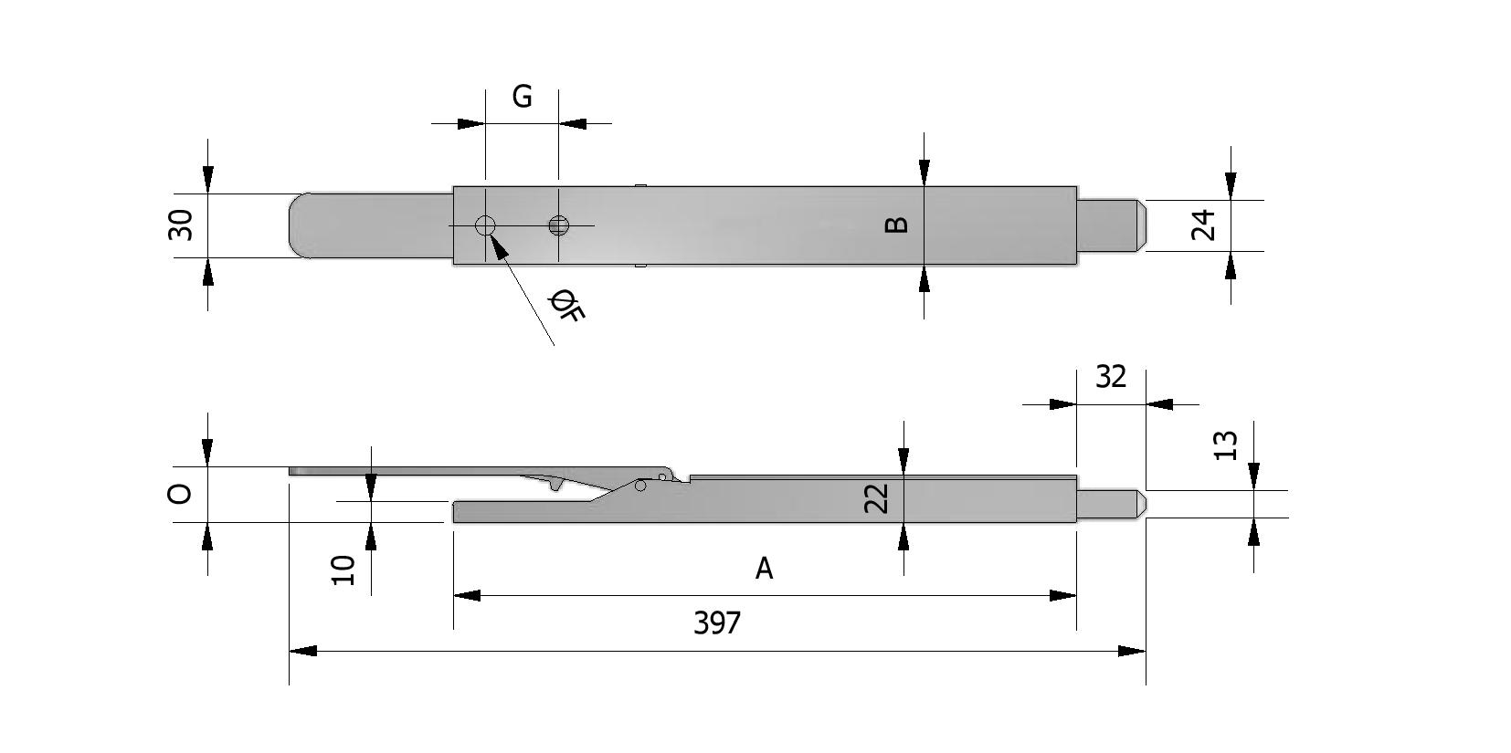 Dessin technique - Fermeture de ridelles à pène plat avec numéro de référence 450031