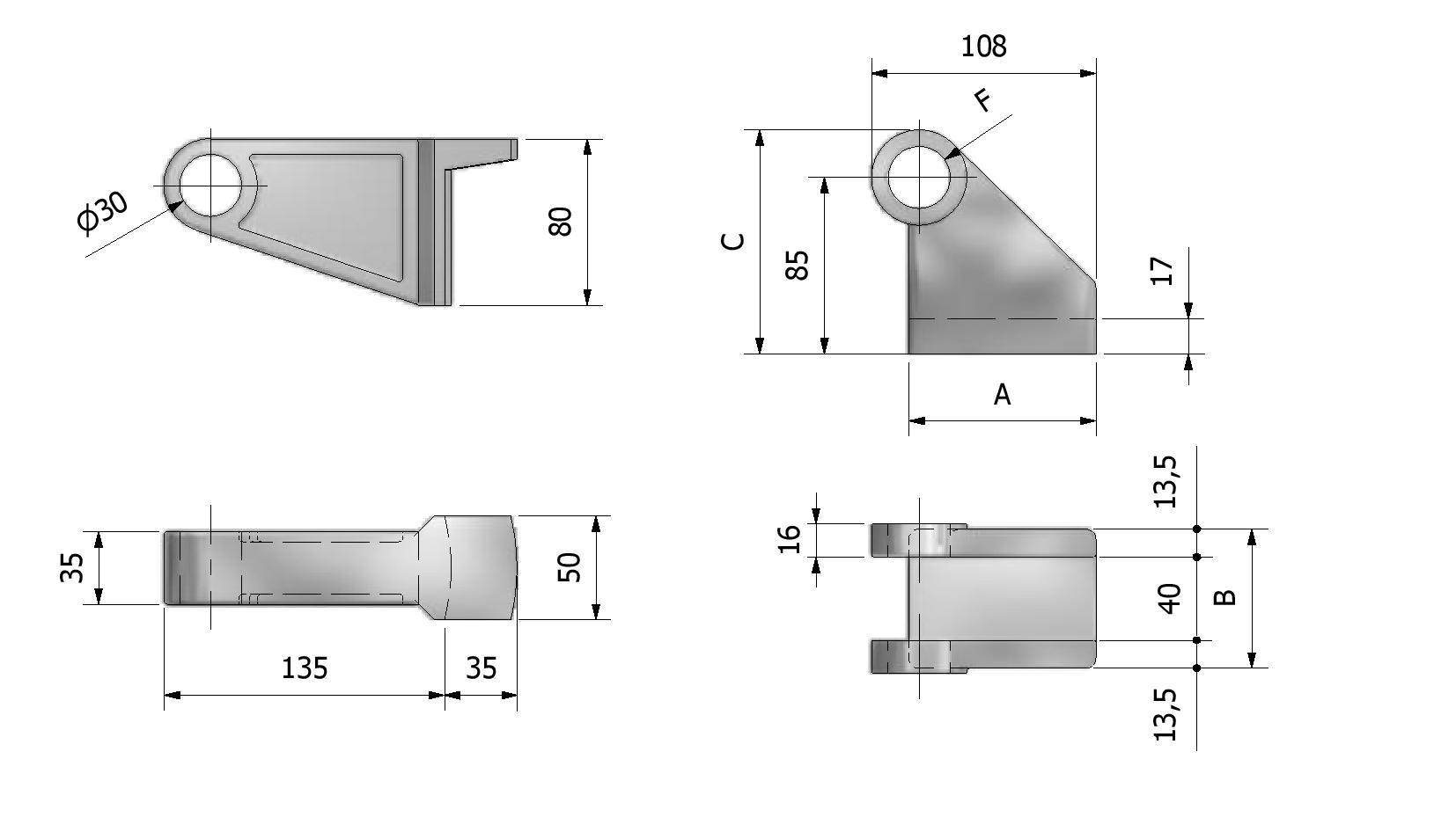 Technische Zeichnung von Scharnier für Kippfahrzeuge, kleines Modell Mit Referenznummer 335810