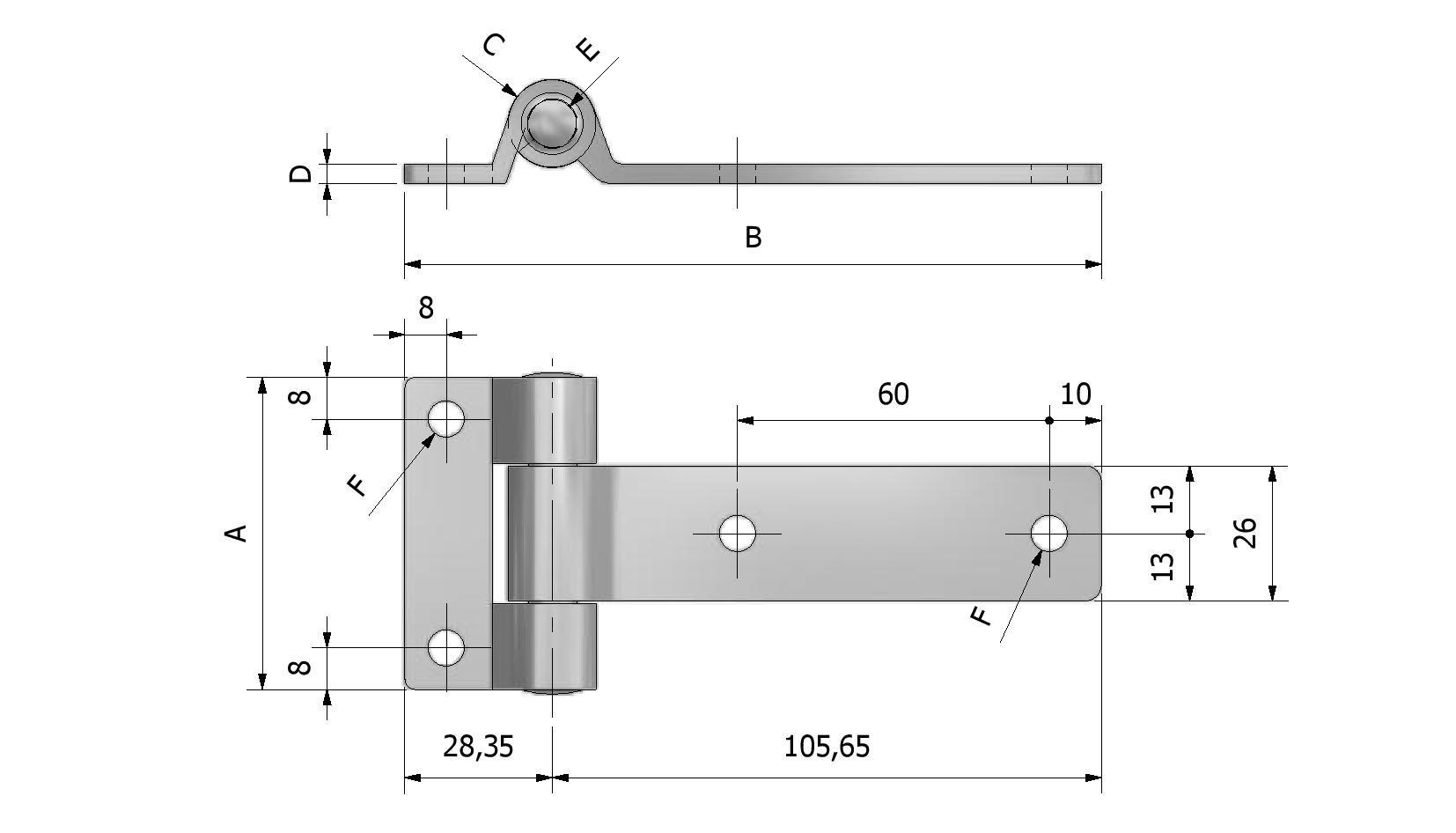 Technische Zeichnung von Seitentür Scharnier, Dicke 4mm, 66x134 Mit Referenznummer 330310