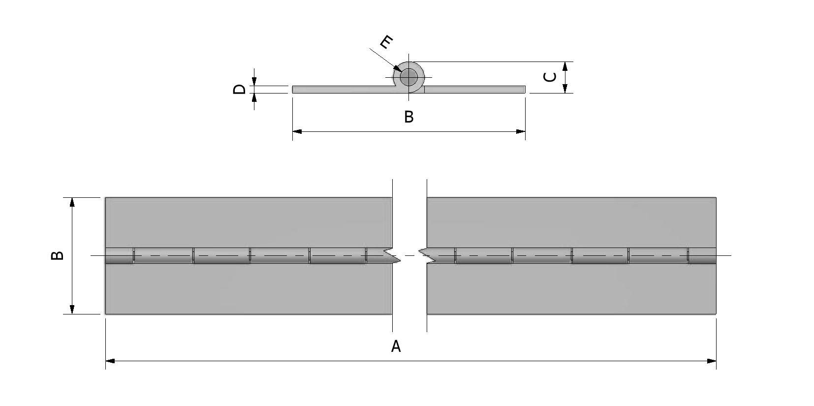 Dessin technique - Charnière longue en aluminium sans trous avec numéro de référence 323000