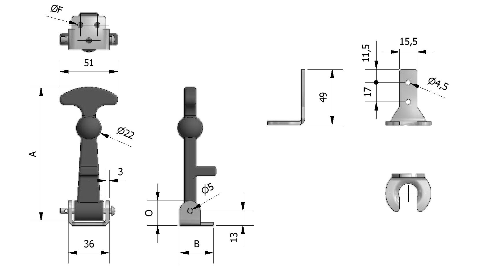 Dessin technique - Attache capot, individuel complet avec numéro de référence 255110