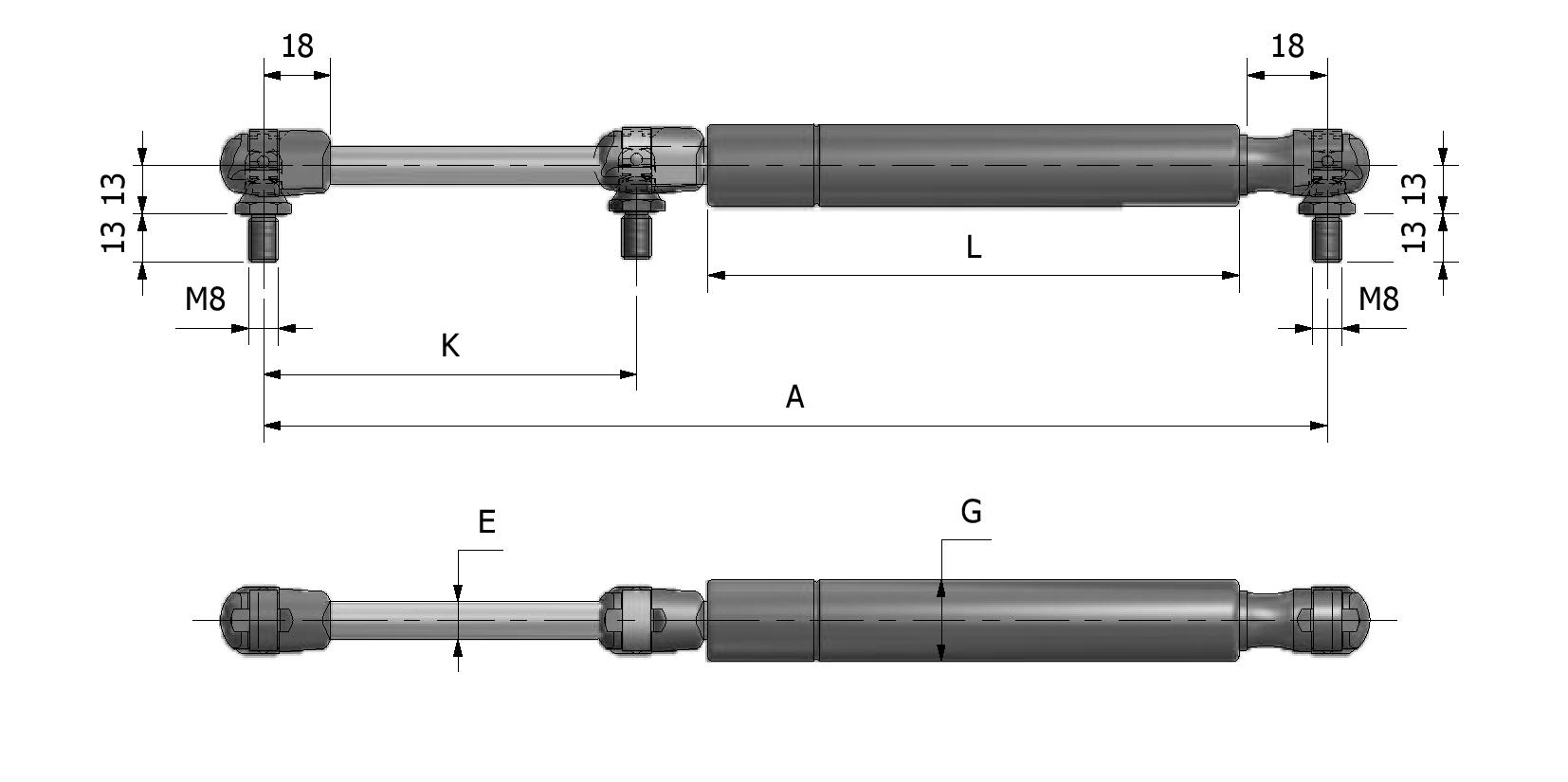 Dessin technique - Verin à gaz ø10 - ø22 - embout rotule avec numéro de référence 811005