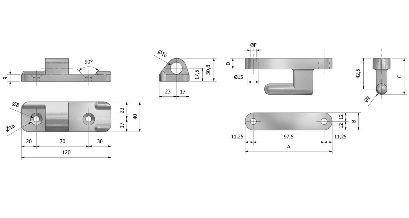 Technische Zeichnung von Bordwandscharnier, kleine, komplett Mit Referenznummer 335010