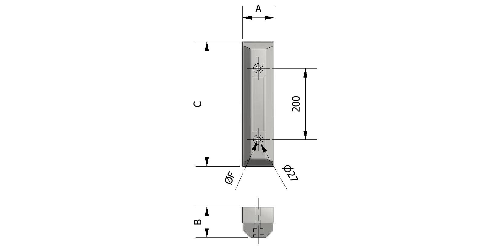 Technische tekening van Stootblok rubber, 350x88x86 mm, 2 gaten met referentienummer 250051