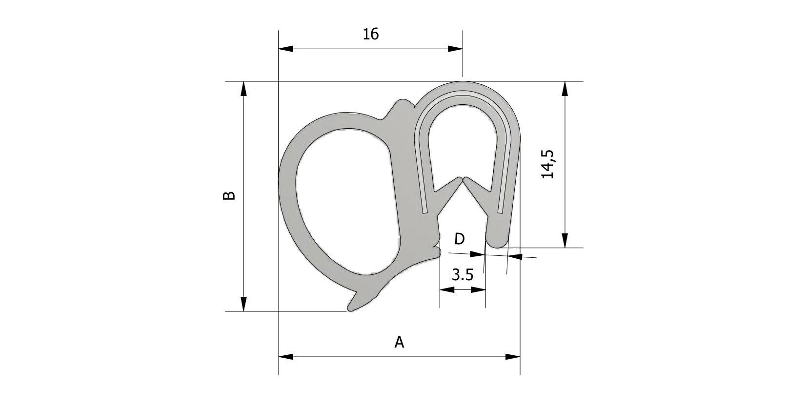 Dessin technique - Profil d'étanchéité latérale, portée d'éteindre 1-4mm, hauteur 16,5 mm avec numéro de référence 225365