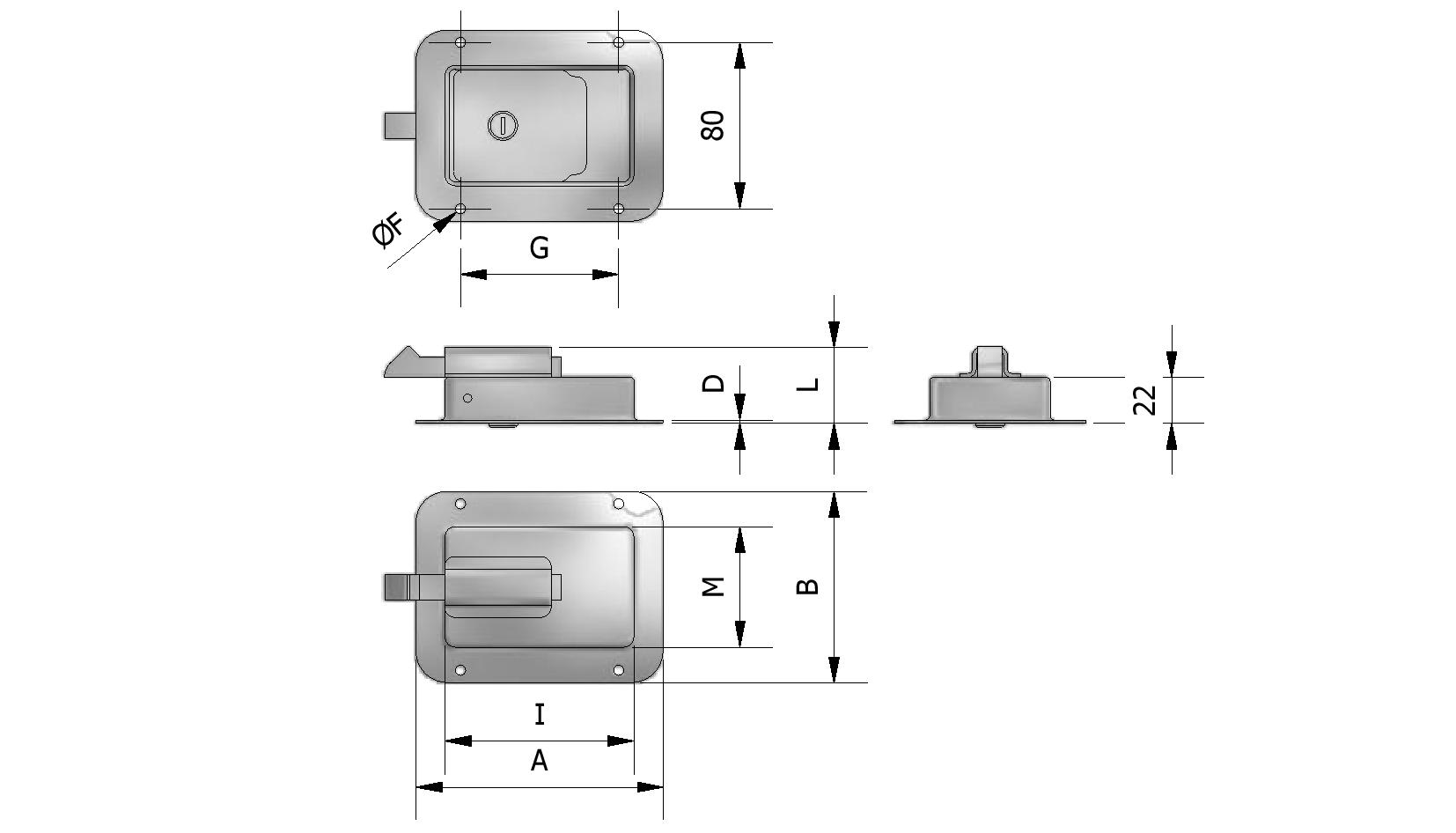 Technische tekening van Inox/RVS inbouwslot, 119x92 met referentienummer 405060