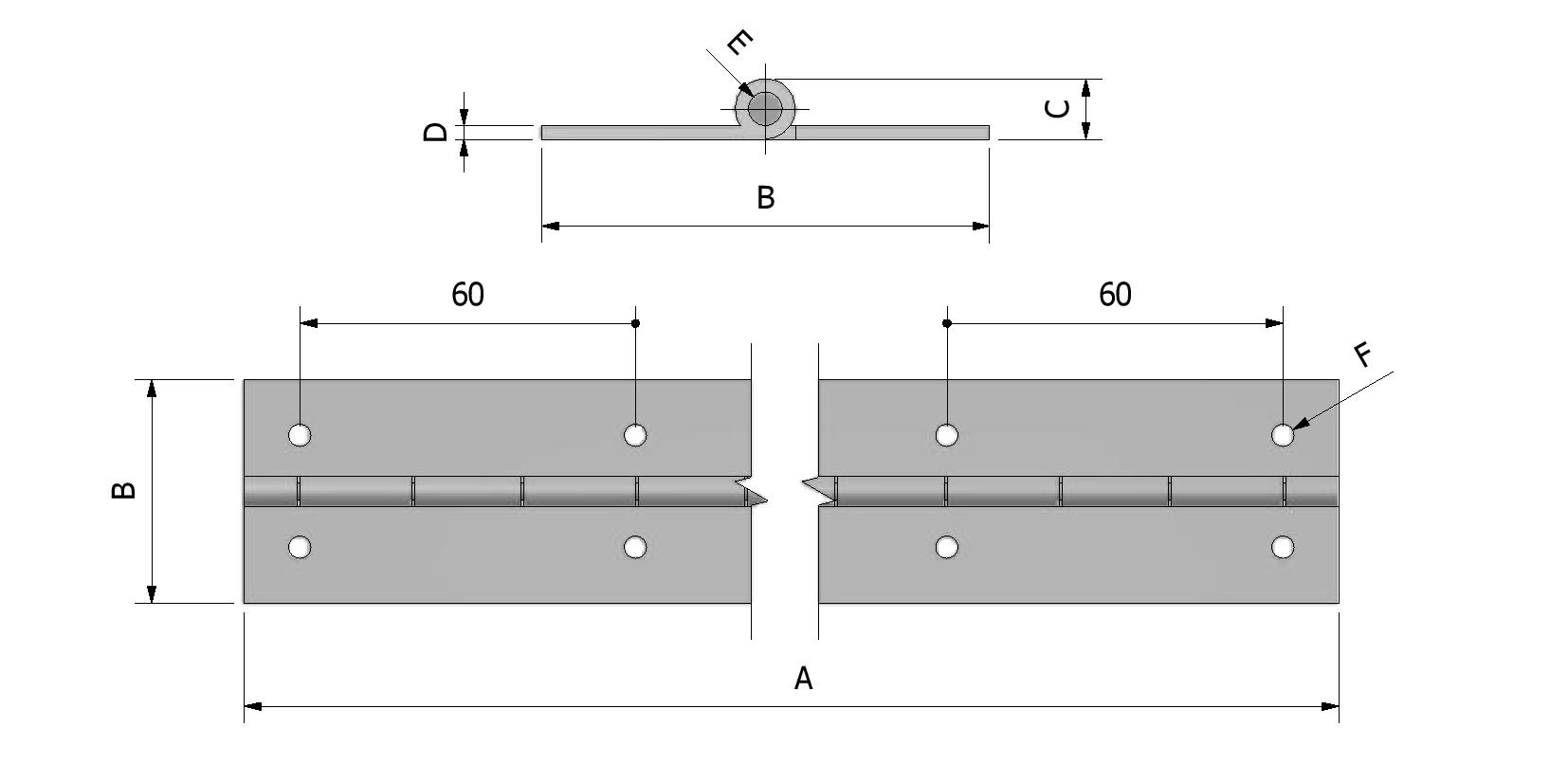 Technische Zeichnung von Stangenscharnier mit Löchern Mit Referenznummer 320216