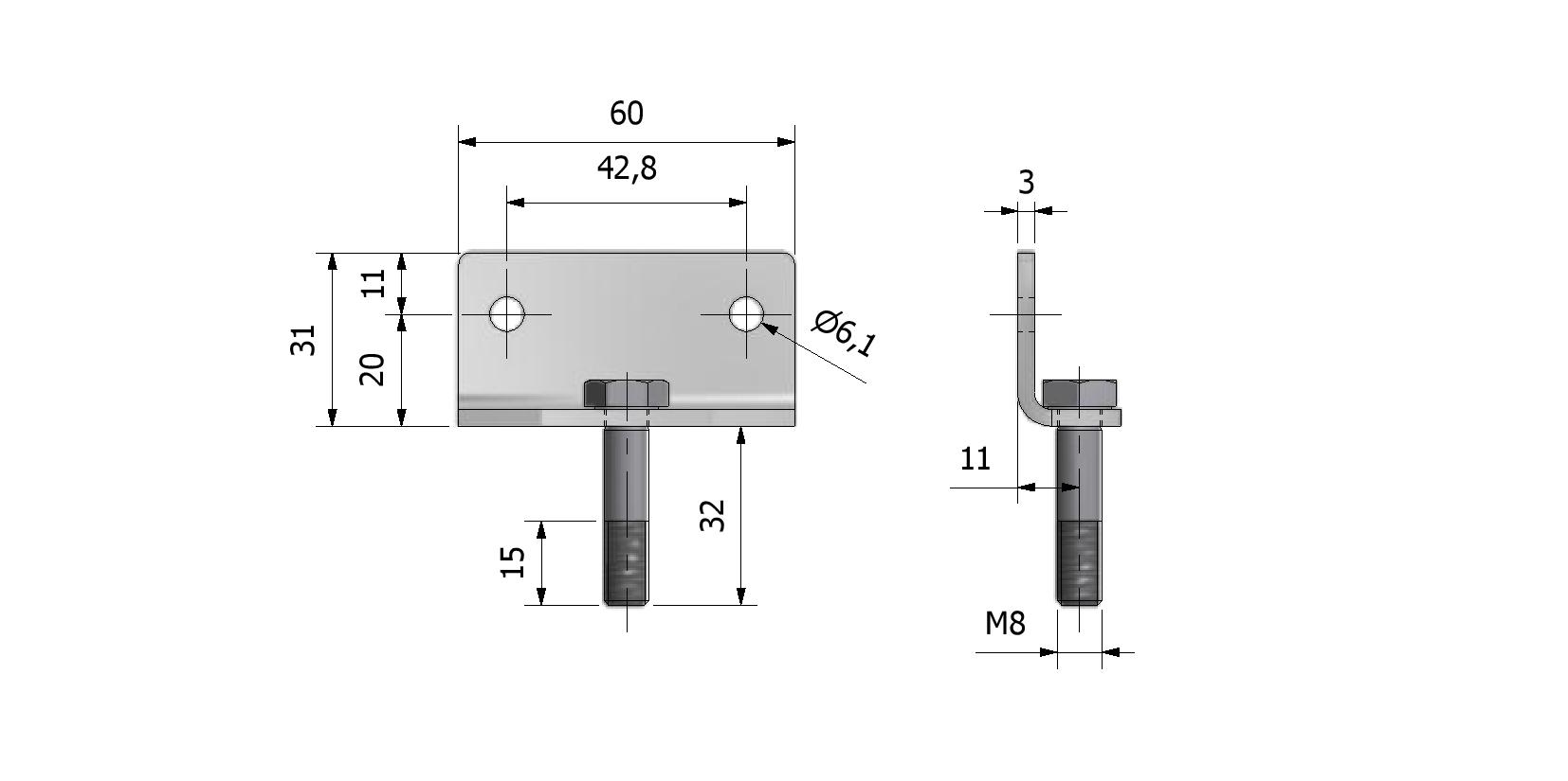 Technische tekening van Gasveerbevestiging, L-model M8 met referentienummer 870020