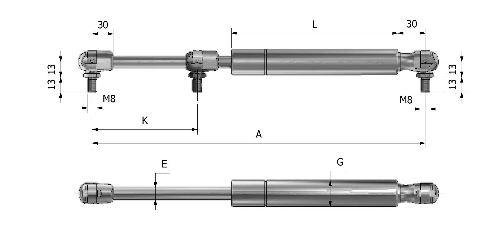 Technische Zeichnung von Gasfeder ø10 - ø23 - Kugelgelenk Mit Referenznummer 850115