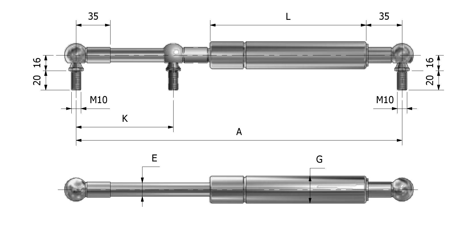 Technische Zeichnung von Gasfeder ø14 - ø28 - Kugelgelenk - grau Mit Referenznummer 850320