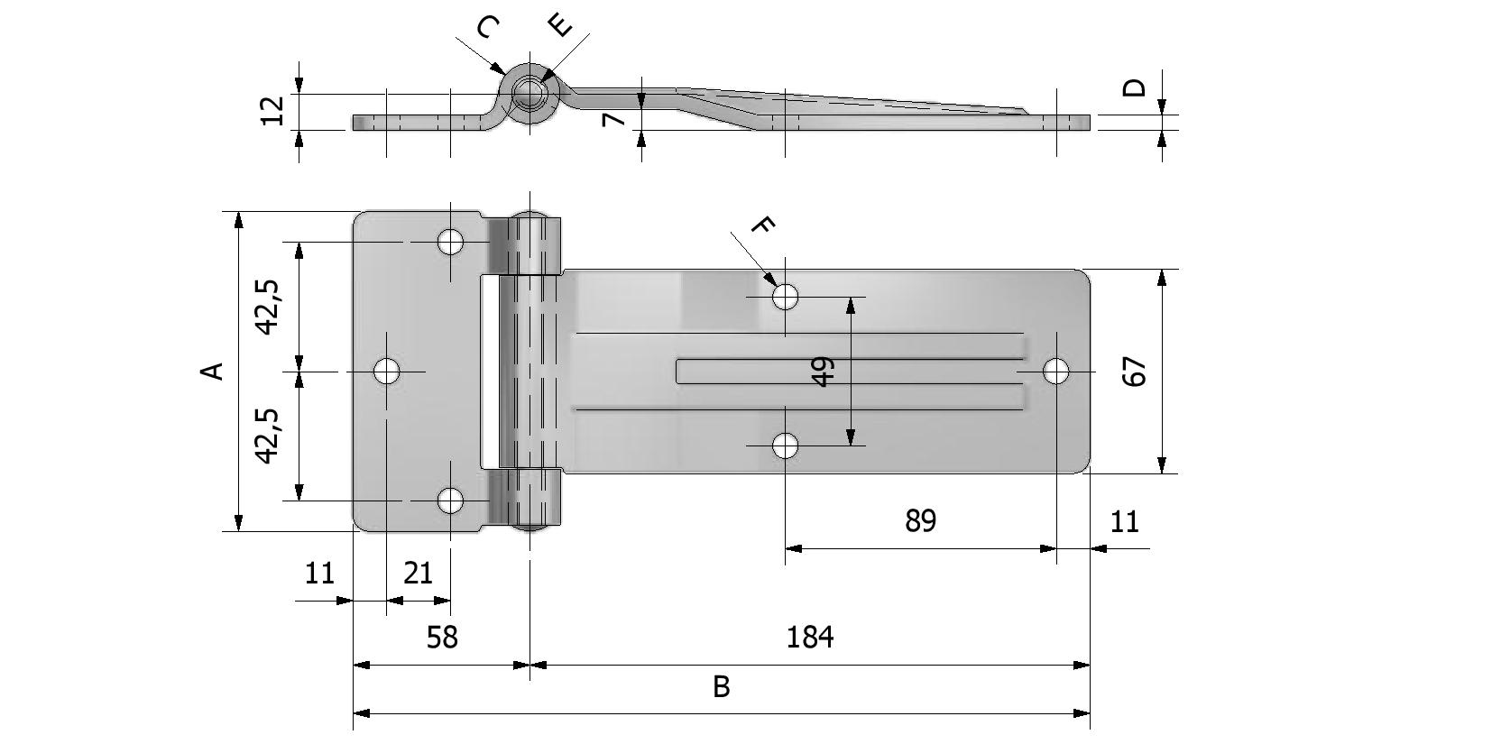 Technische Zeichnung von Seitentür Scharnier, Dicke 5mm, 105x242 Mit Referenznummer 330330