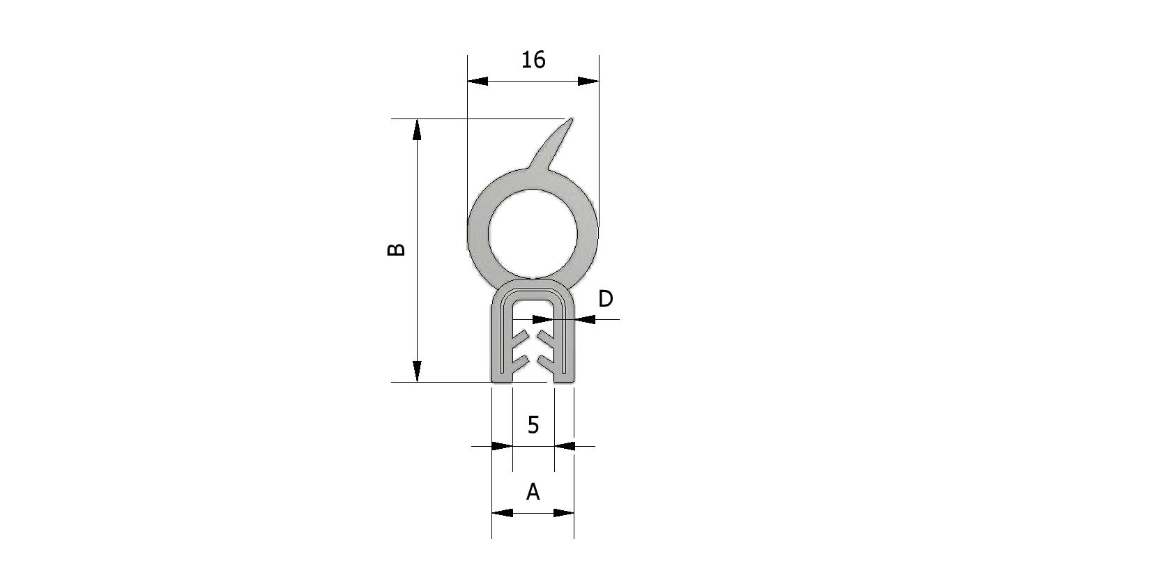 Dessin technique - Profil d'étanchéité supérieur, portée d'étreindre 3-5mm avec numéro de référence 225335