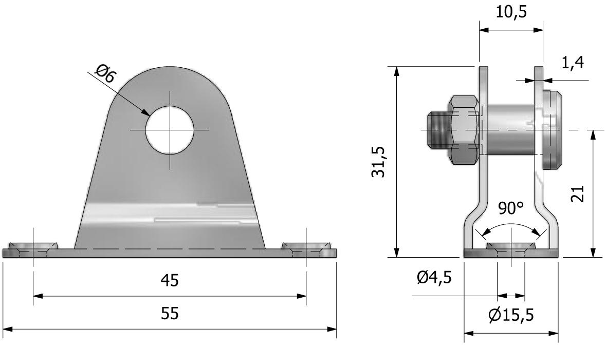 Dessin technique - Support pour vérin à gaz, axe ø6, 55x15,5 avec numéro de référence 870035