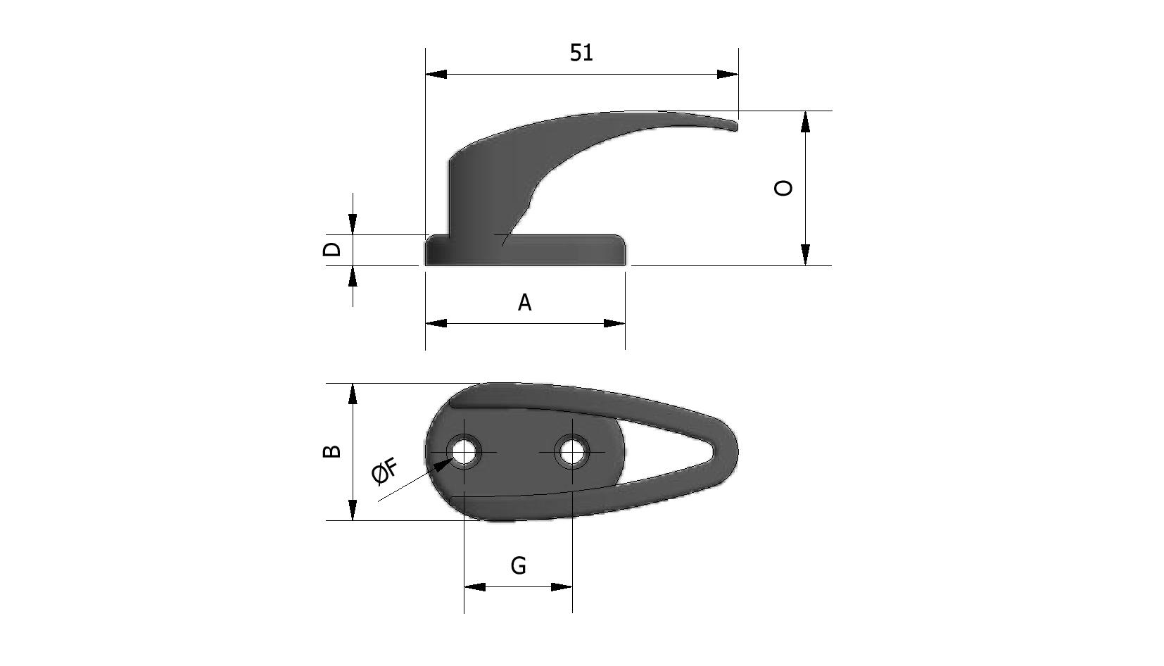 Technische tekening van Kapstokje, PVC, enkele haak met referentienummer 545050