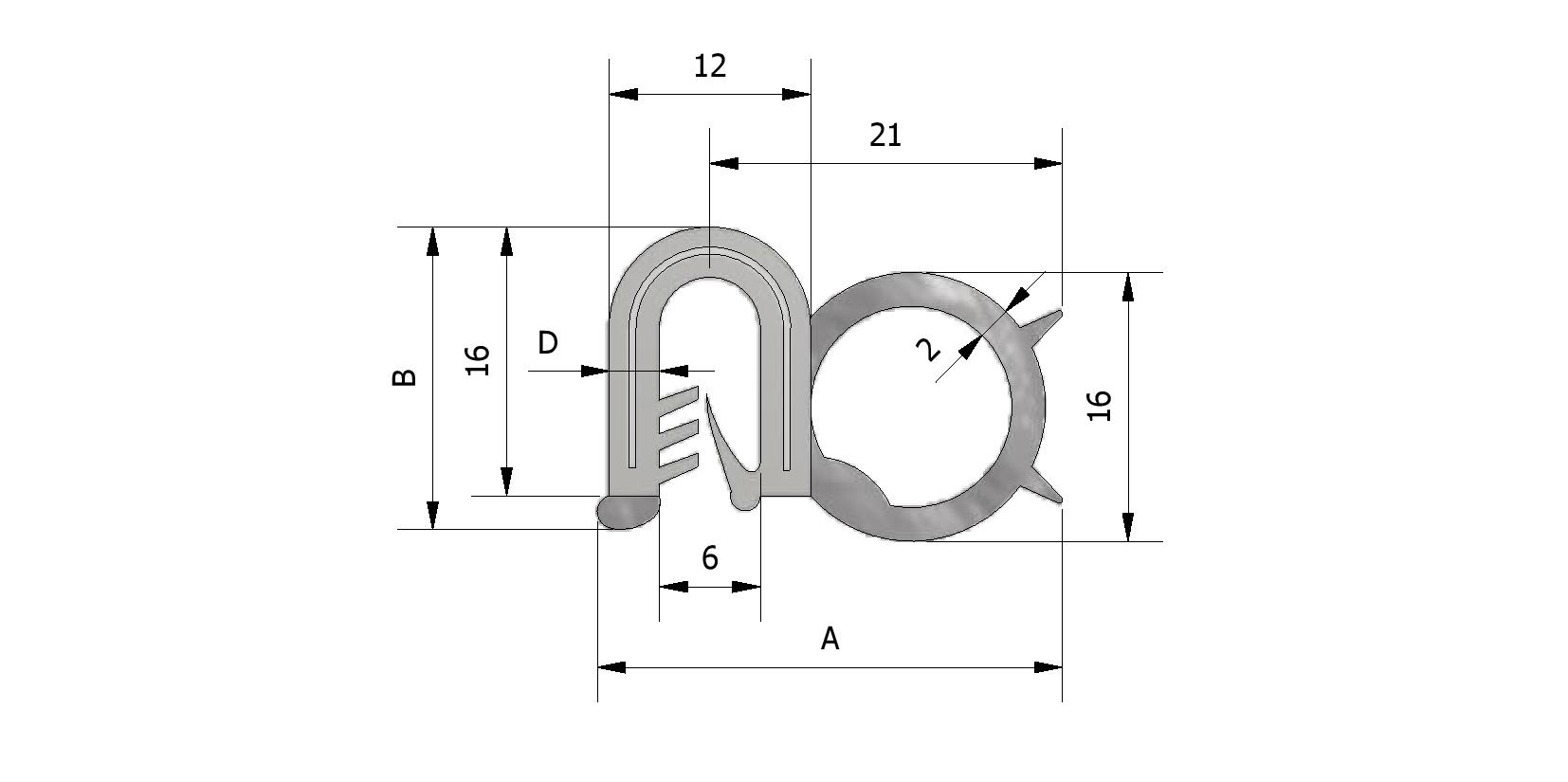 Dessin technique - Profil d'étanchéité latérale, portée d'éteindre 5-6mm avec numéro de référence 225367