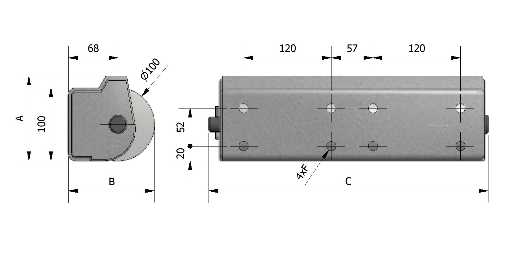 Technical image of Roller buffer captive in a galvanised steel bracket for horizontal use, 4 rollers with reference number 250700