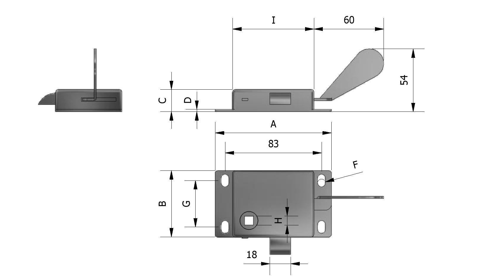 Technische tekening van Yvelslotje met handvat, neus rechts met referentienummer 400051