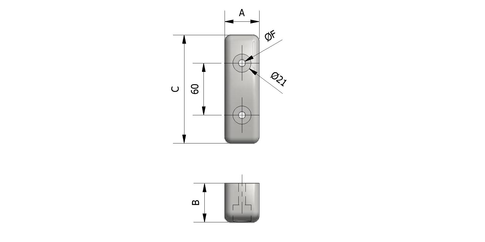 Technische tekening van Stootblok rubber, 125x40x45 mm, 2 gaten met referentienummer 250000