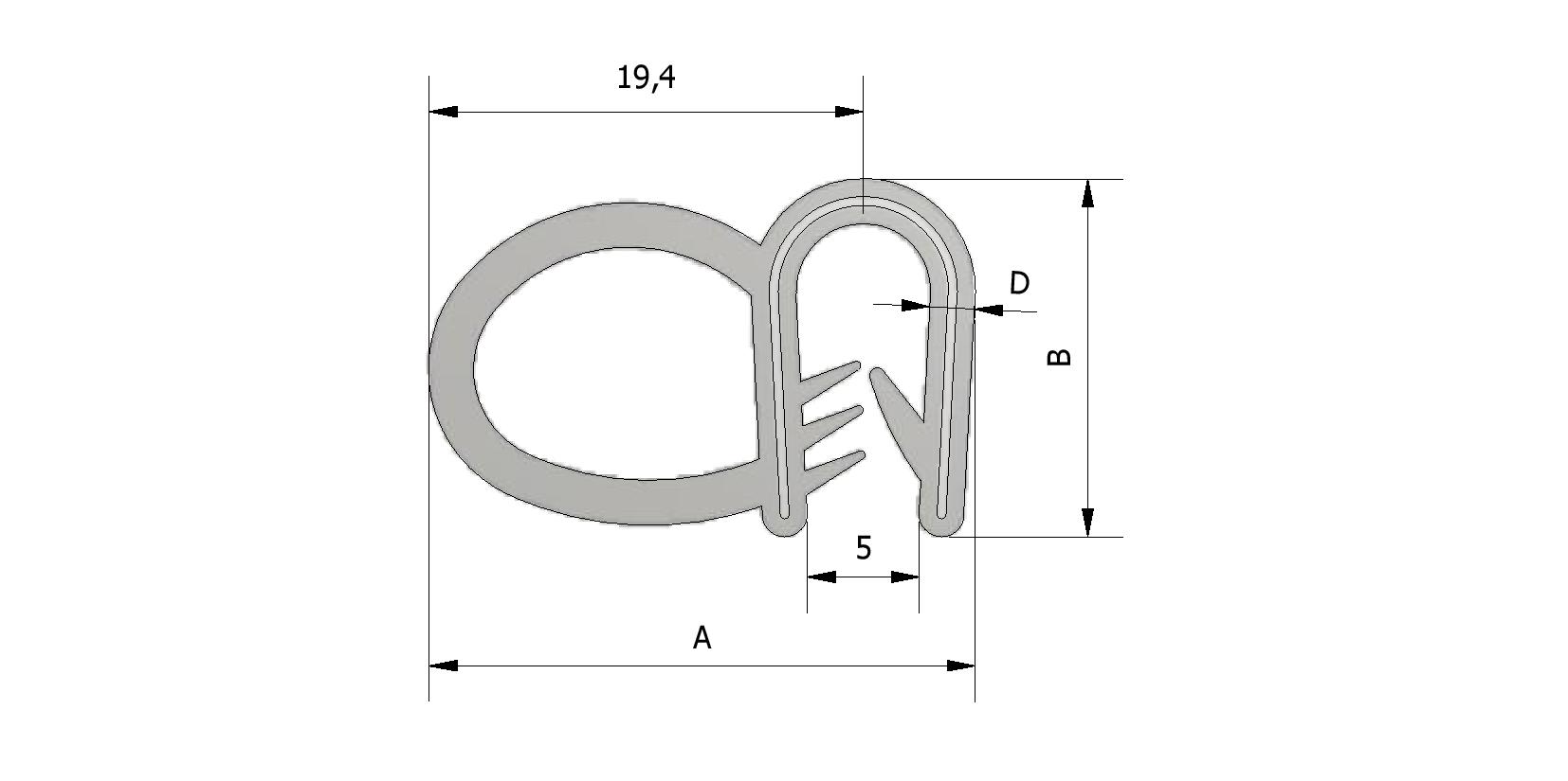 Dessin technique - Profil d'étanchéité latérale, portée d'éteindre 1-4mm, hauteur 16 mm avec numéro de référence 225350