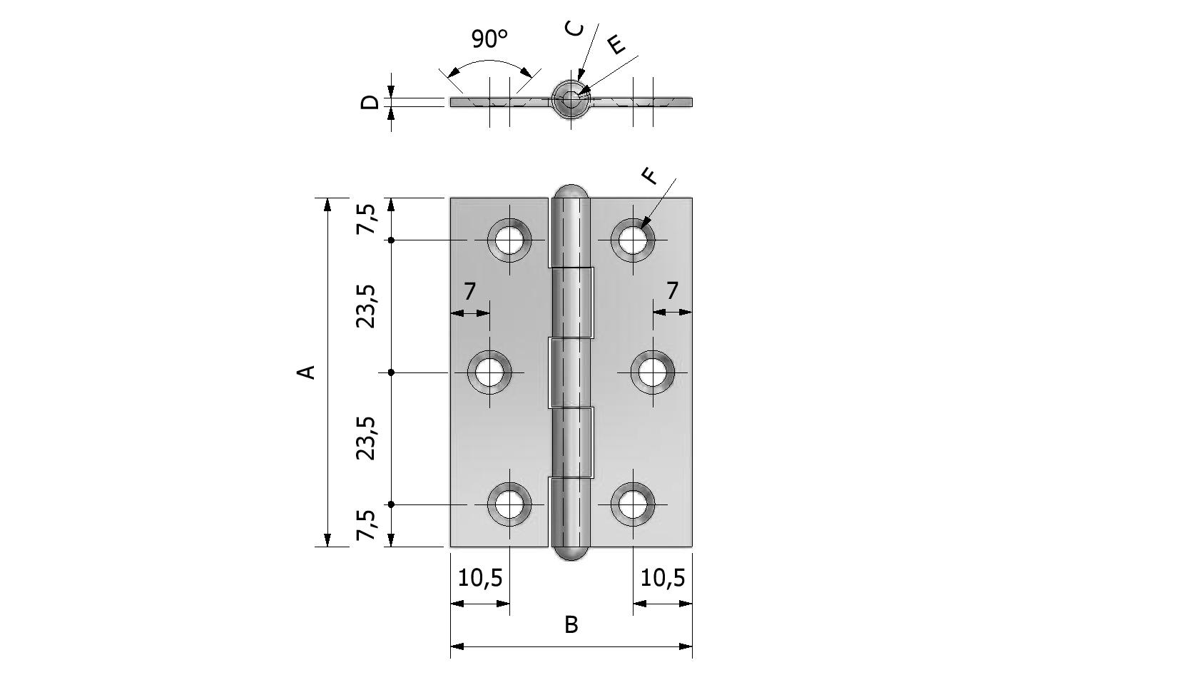 Technische Zeichnung von Gerollte Scharnier, Dicke 1,5mm, 62x43 Mit Referenznummer 350110