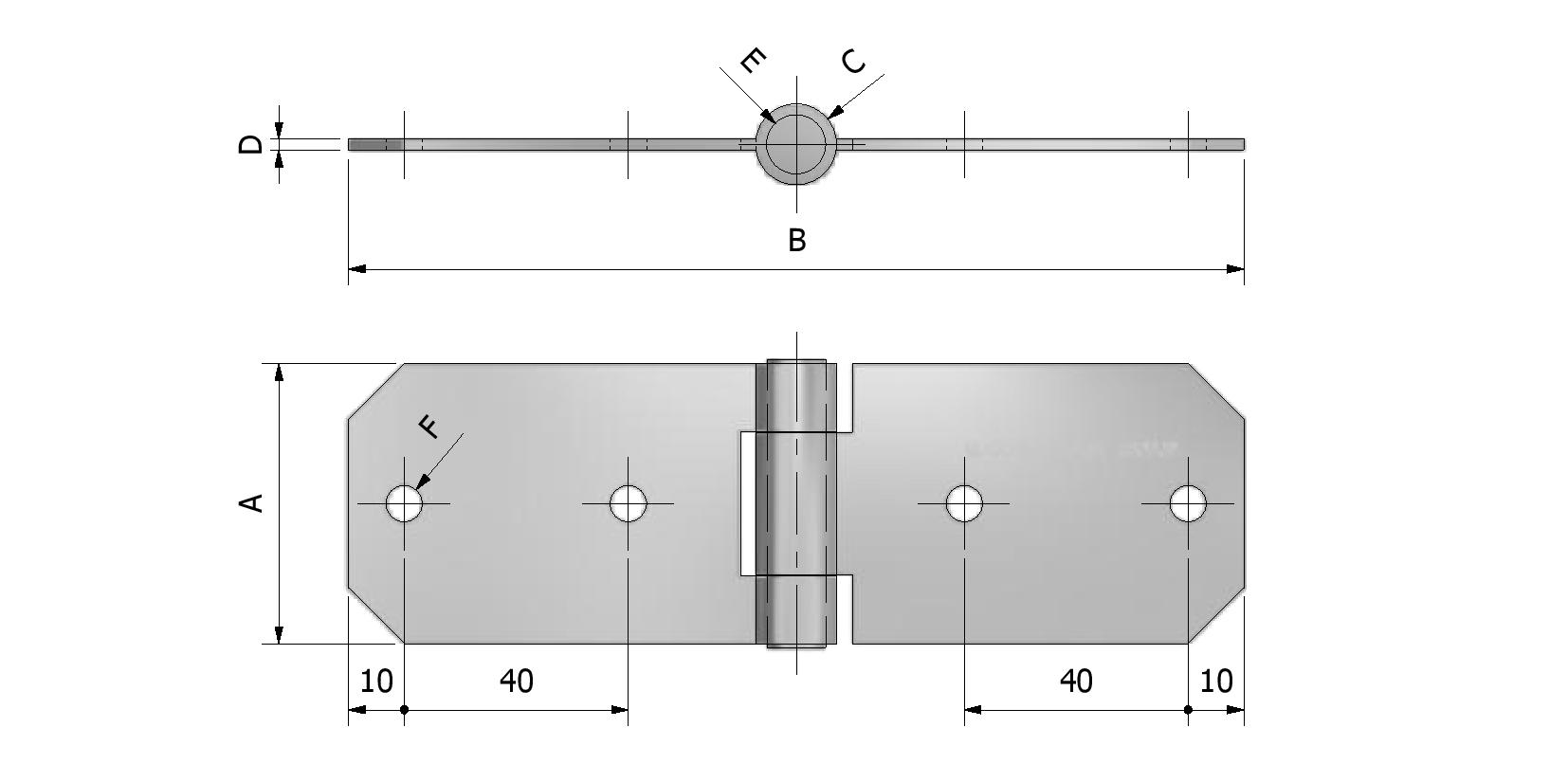 Technische Zeichnung von Gerollte Scharnier, Dicke 2mm, 50x160 Mit Referenznummer 350070