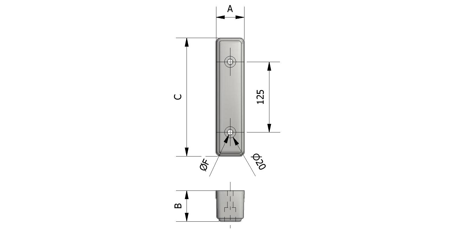 Technische tekening van Stootblok rubber, 210x50x55 mm, 2 gaten met referentienummer 250011