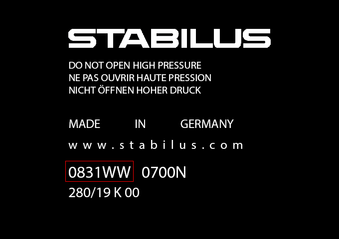 Stabilus-Etikett mit Referenz- und Leistungsangabe.