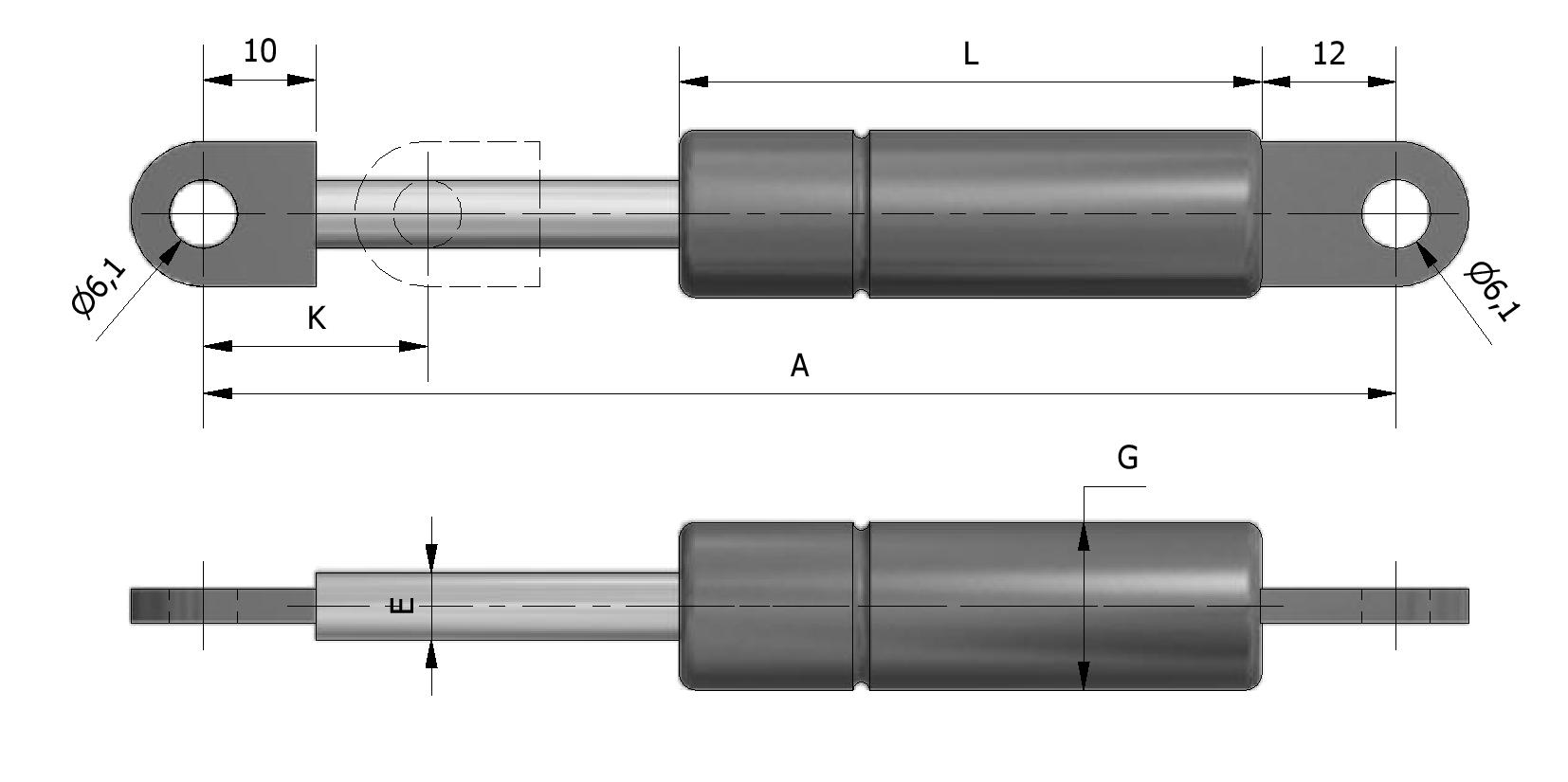 Technical image of Gas spring ø6 - ø15 - eyelet with reference number 806005