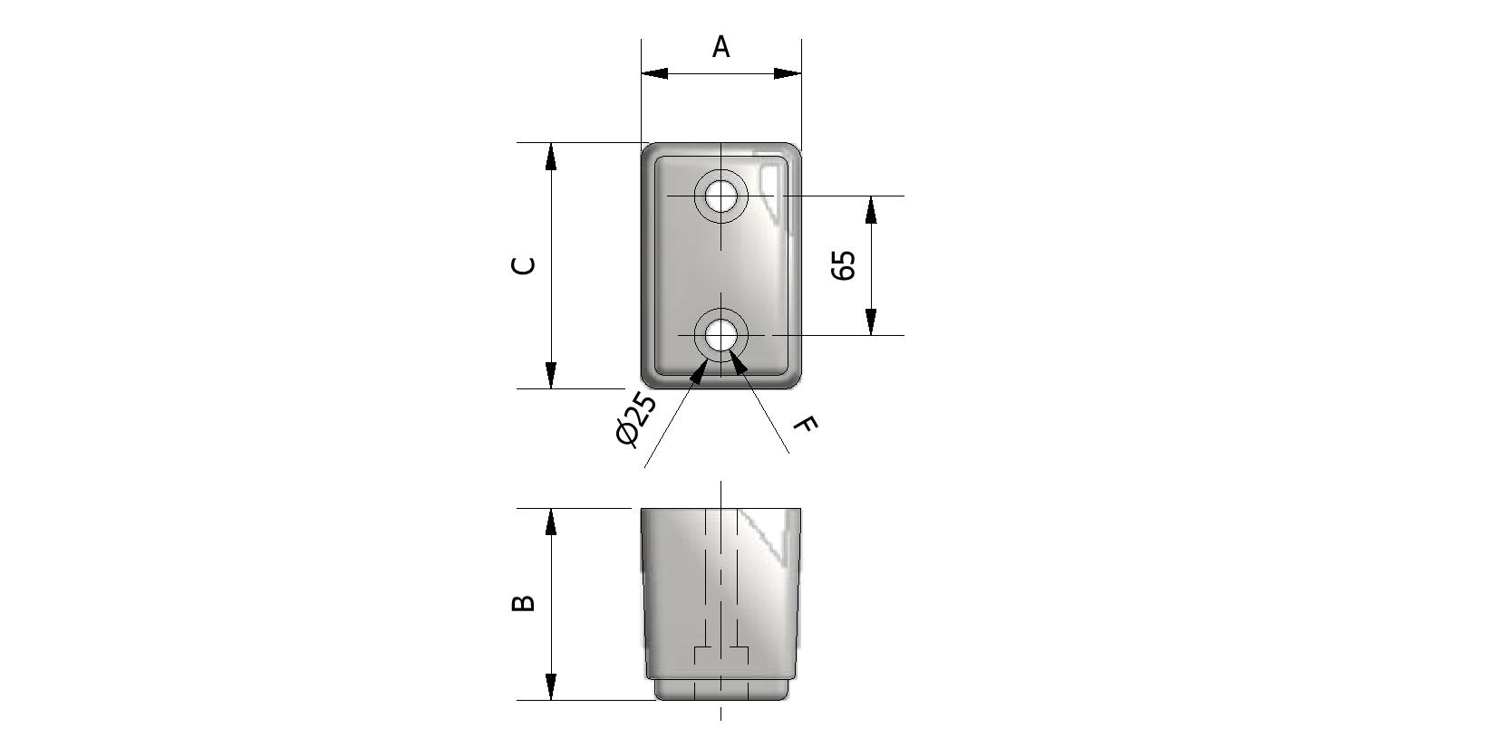 Technische tekening van Stootblok rubber, 115x75x90 mm, 2 gaten met referentienummer 250005