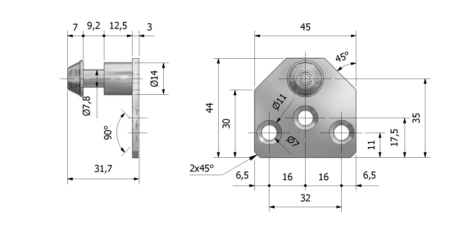 Technische tekening van Gasveerbevestiging, zeshoekig met referentienummer 870031