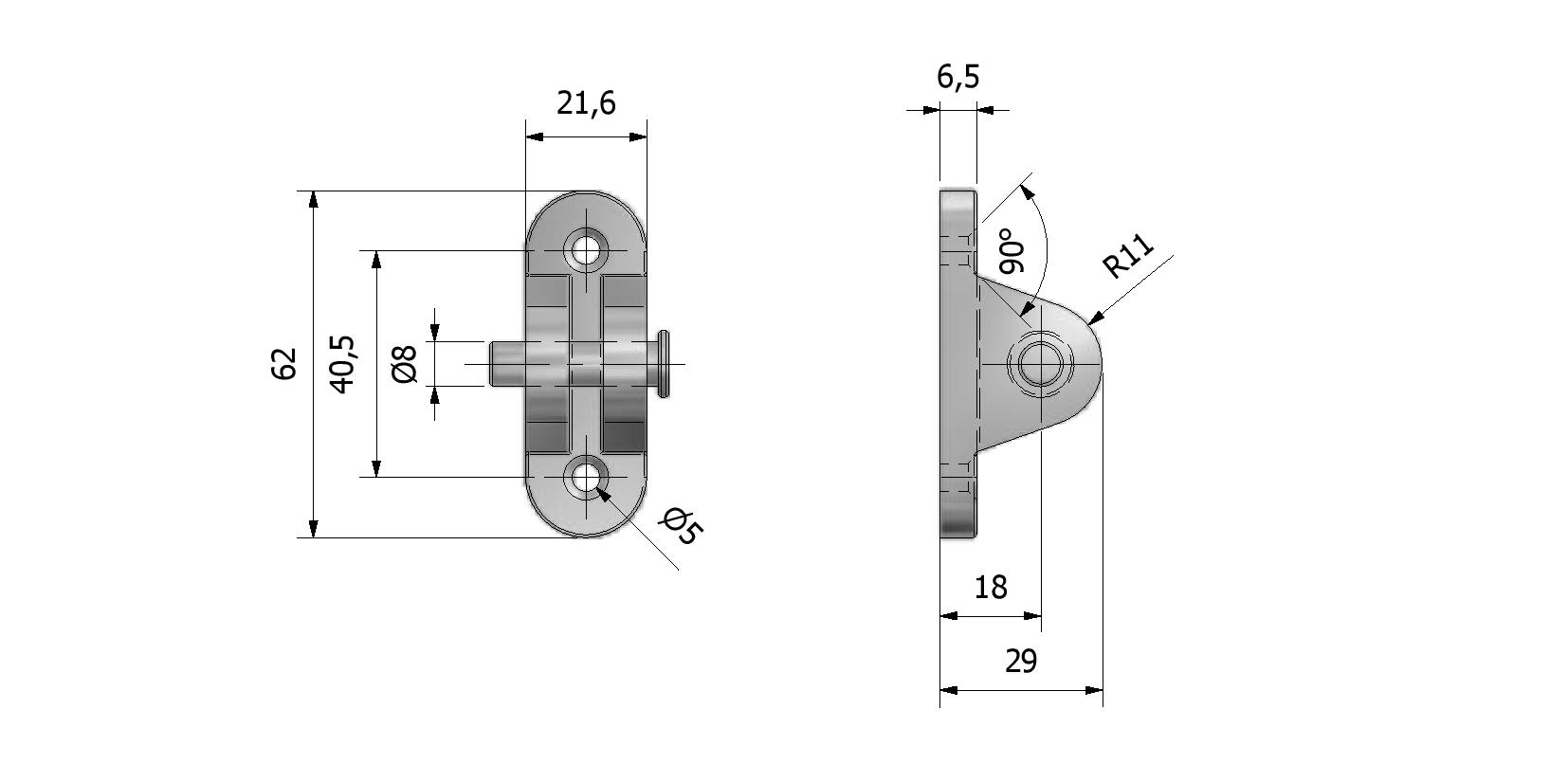 Technische tekening van Gasveerbevestiging, pen ø8, 62x21,6 met referentienummer 870032