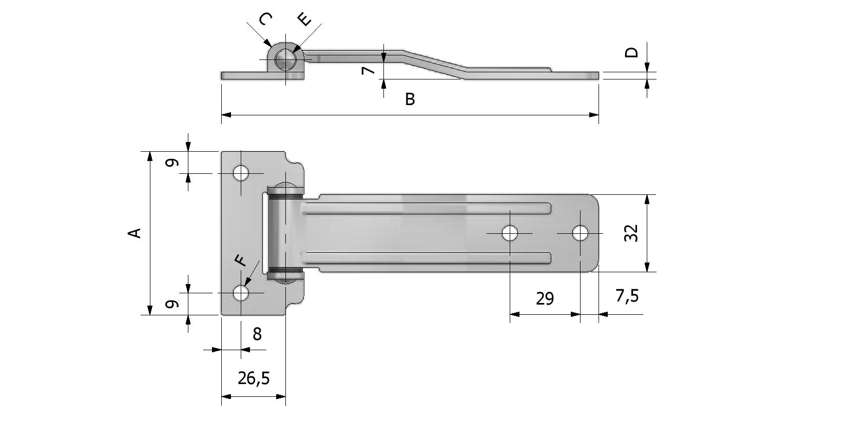 Technische Zeichnung von Seitentür Scharnier, Dicke 3 mm, 67,5x130 Mit Referenznummer 350011