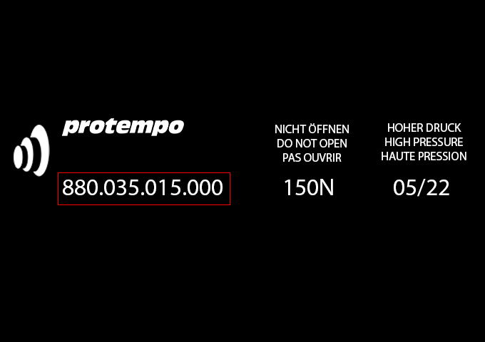 Protempo-Etikett mit Referenz- und Leistungsangabe.