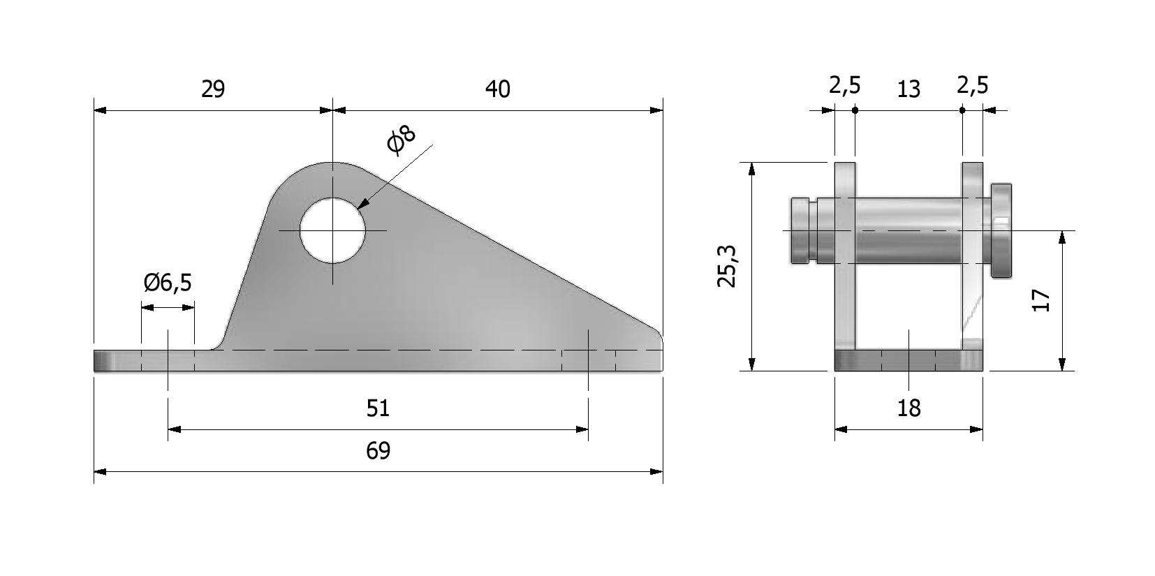 Technische tekening van Gasveerbevestiging, pen ø8, 69x18 met referentienummer 870040