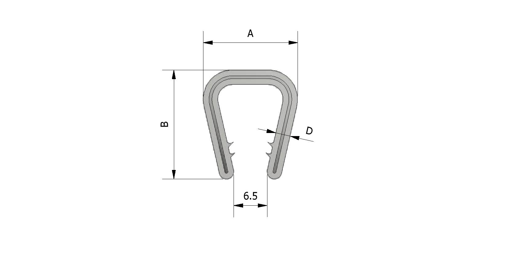 Dessin technique - Profil clips PVC, portée d'éteindre 6-8mm avec numéro de référence 225250