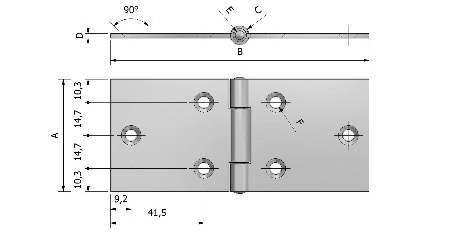 Technische Zeichnung von Gerollte Scharnier, Dicke 2mm, 50x115 Mit Referenznummer 330007