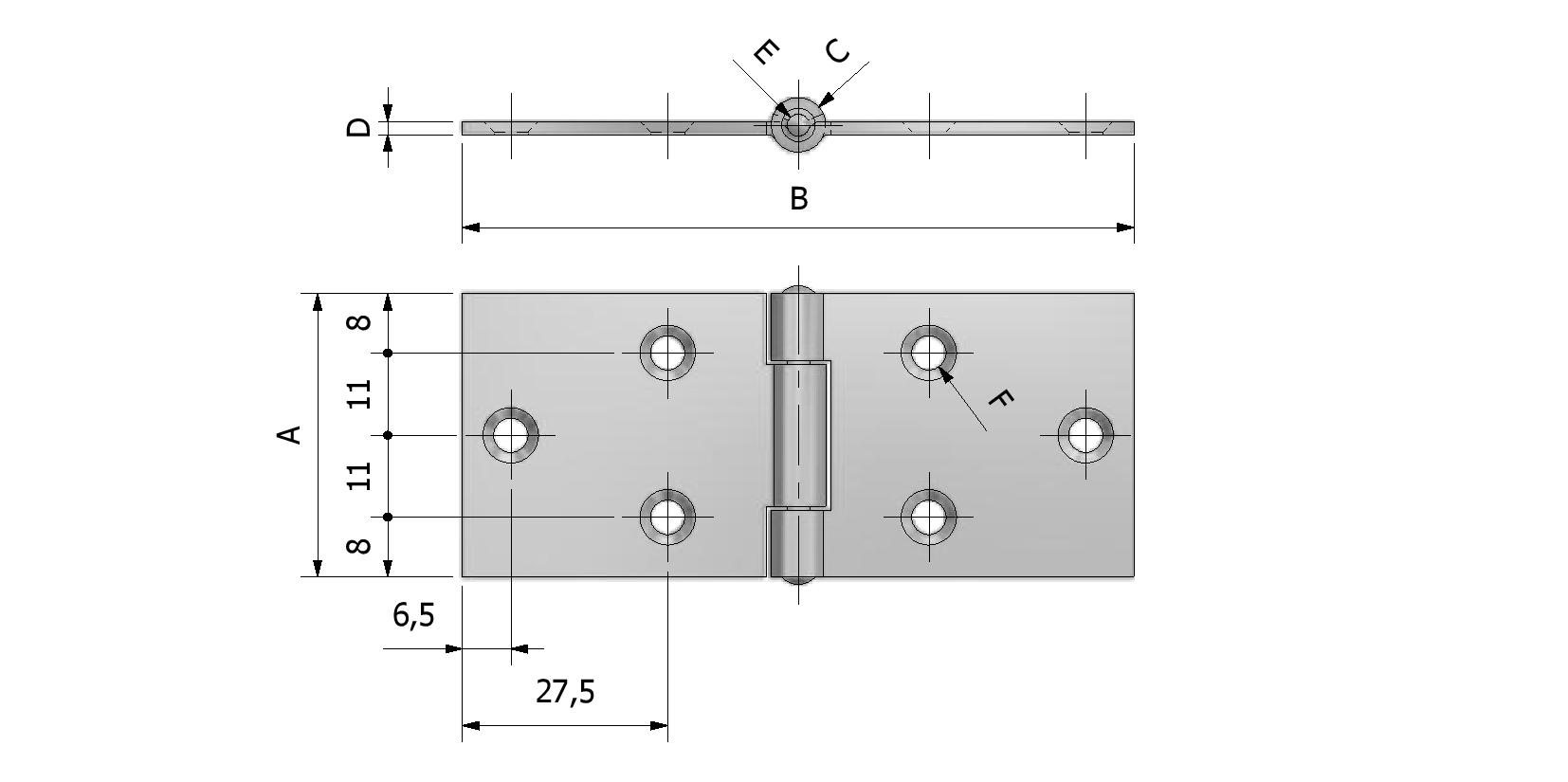 Technische Zeichnung von Gerollte Scharnier, Dicke 1,75mm, 38x90 Mit Referenznummer 330005