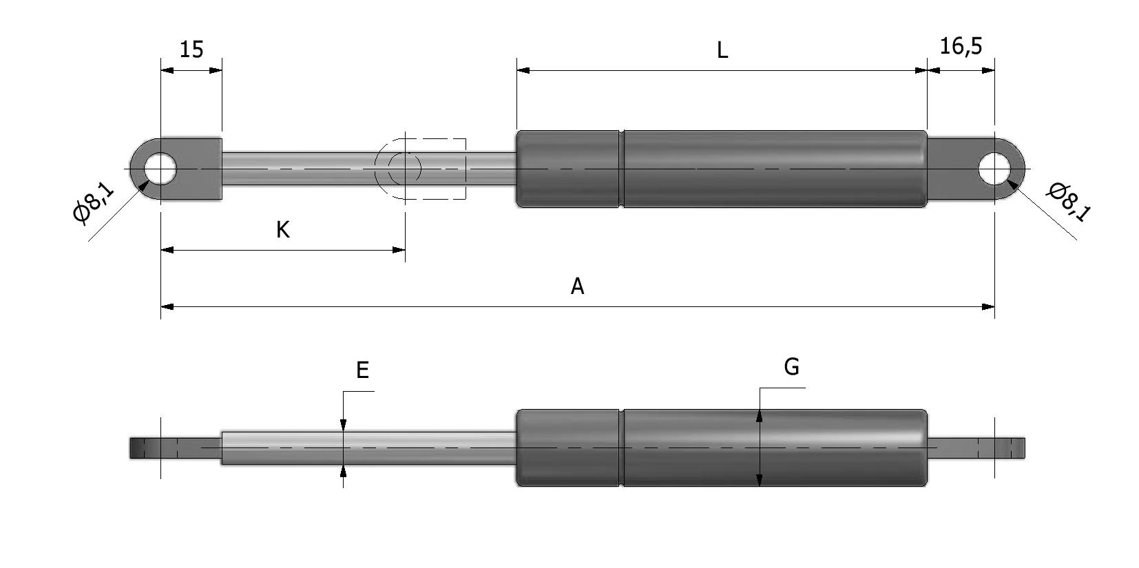 Dessin technique - Verin à gaz ø8 - ø19 - oeil 15/16,5 avec numéro de référence 808005