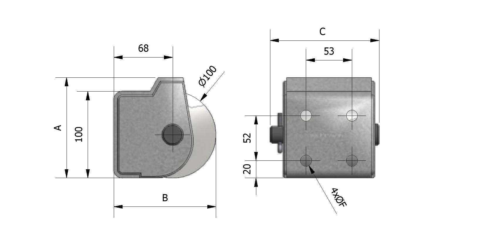 Technische tekening van Stootroller, verzinkte houder met rubber rollen voor horizontaal gebruik, 1 rol met referentienummer 250400