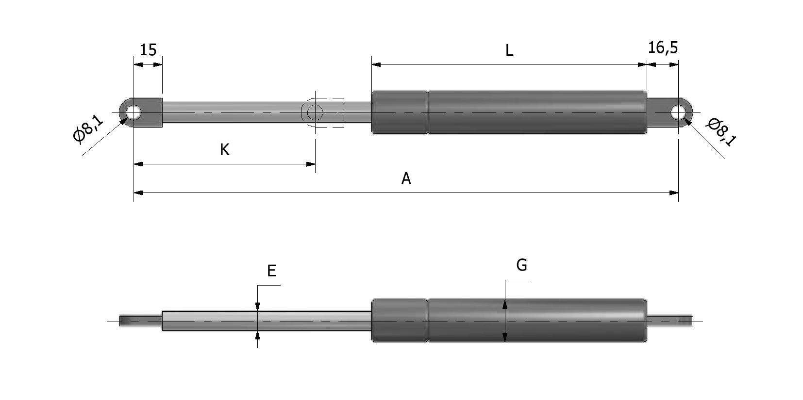 Dessin technique - Verin à gaz ø10 - ø22 - oeil 15/16,5 avec numéro de référence 810005